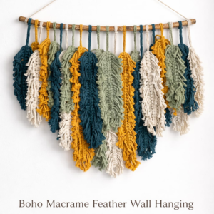 Artisan Teal & Mustard Handmade Boho Macrame Feather Wall Hanging | Wall Art| Wall Decor | Bharat Benison | Made in India